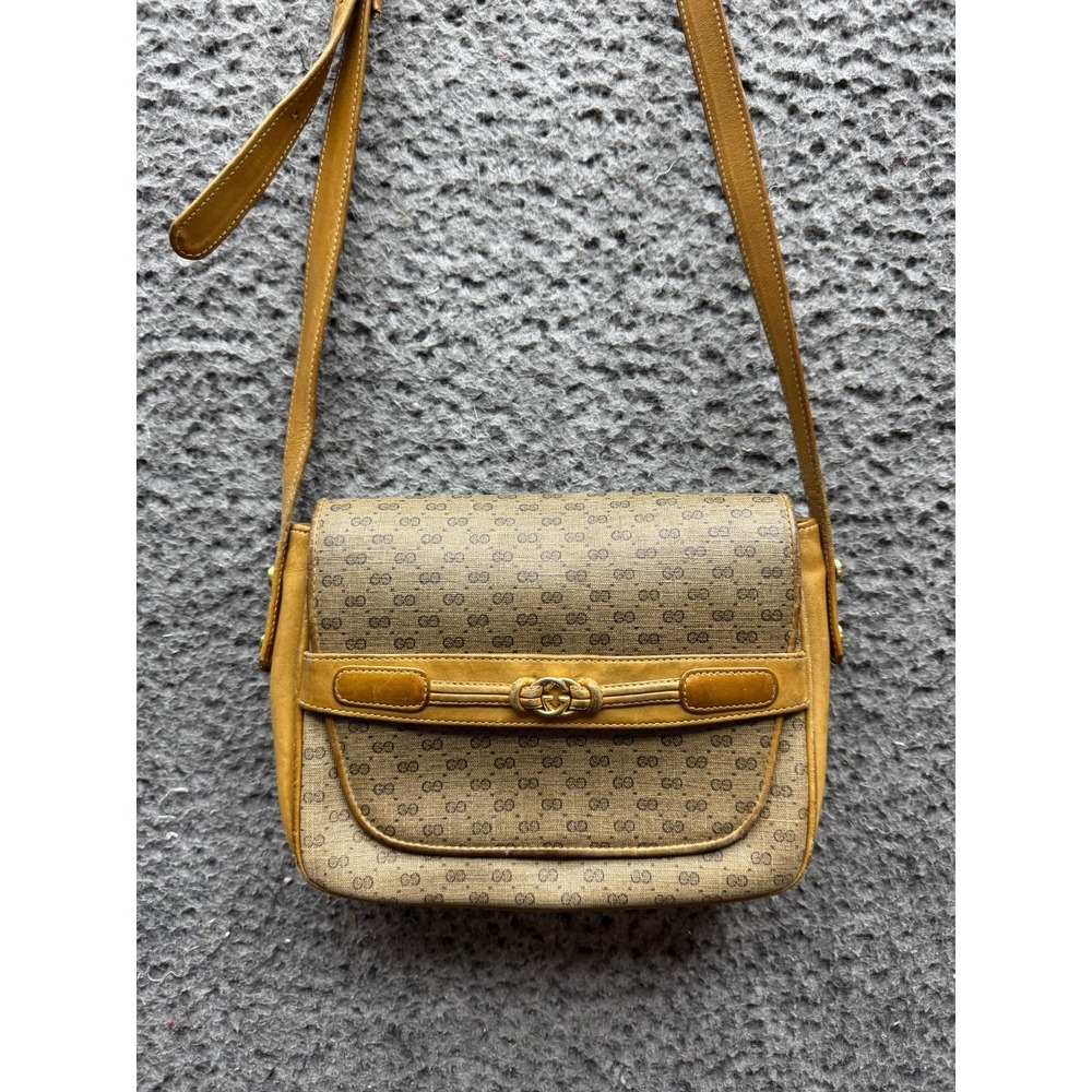 Vintage 70s Gucci Micro GG Supreme Canvas Leather Clutch Crossbody Bag Beige